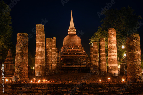 The scenery of Wat Sa Si temple at night in Sukhothai province  Thailand.