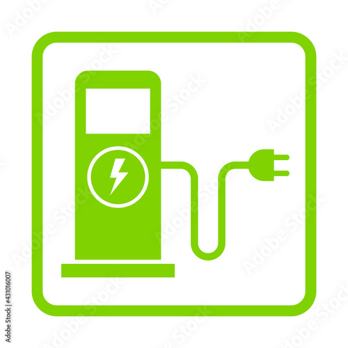 Green eco electric fuel pump icon, Charging point station for hybrid vehicles cars square sign, isolated on white background, Vector illustration
