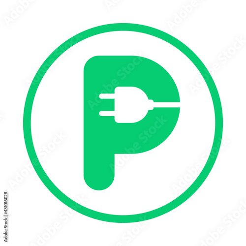 Letter P with plug icon, Green electric vehicle parking sign, Electric car charging point, Parking space for Eco friendly hybrid cars, Vector illustration