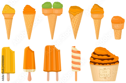 big kit ice cream popsicle different types in cone waffle cup