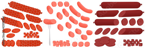 Illustration on theme big set different types delicatessen meat sausages