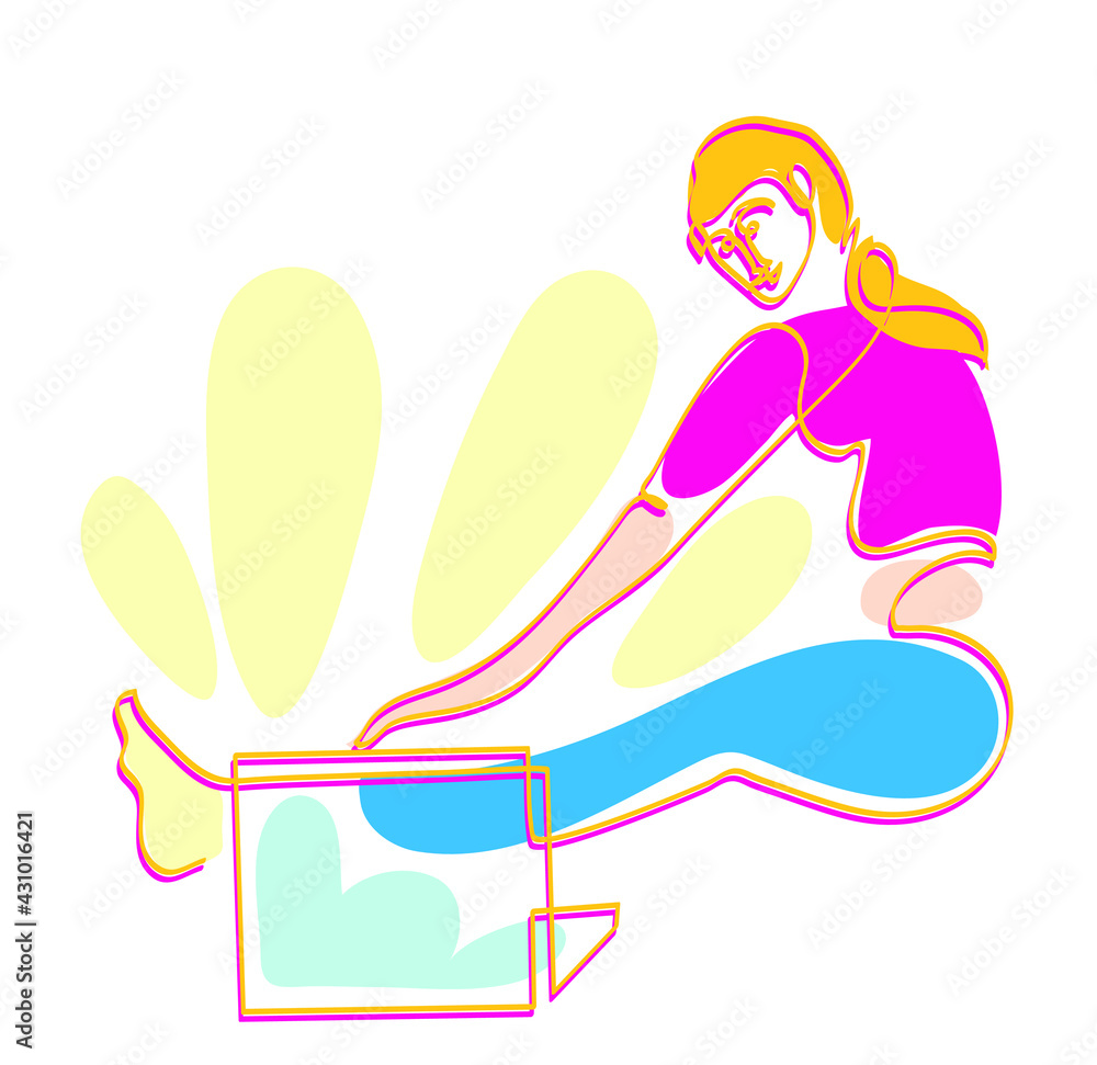 One line drawing of woman trainer teaches yoga remotely over the internet.
One continuous line drawing of female shows exercises on the mat. One line drawing of woman trainer teaches yoga remotely over the internet.
One continuous line drawing of female shows exercises on the mat.