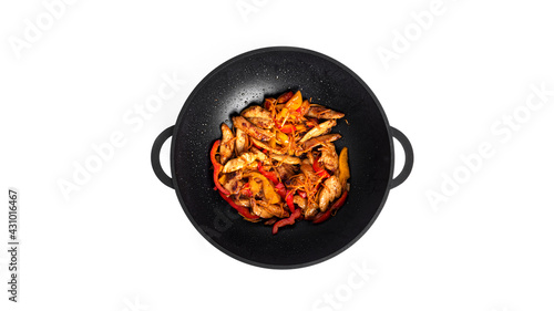 Fried vegetables with chicken. A mix of chicken fillet and vegetables for wok noodles isolated on a white background.