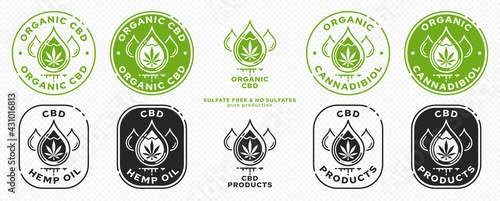 Conceptual stamps for packaging pharmaceutical, medical, cosmetic products. Cannabis extract drops with plant leaf and ingredient line. Vector elements.