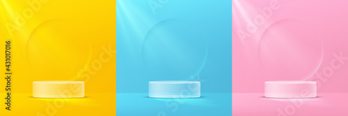 Set of transparency glass cylinder pedestal podium. Collection of pink, yellow, blue background with emboss circle shape. Vector rendering 3d shape product display presentation. Minimal wall scene.
