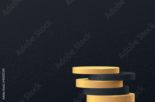 Black and glowing gold cylinder pedestal podium overlap with shadow. Black minimal wall scene with golden glitter texture. Vector rendering 3d shape for product display presentation. Abstract room.