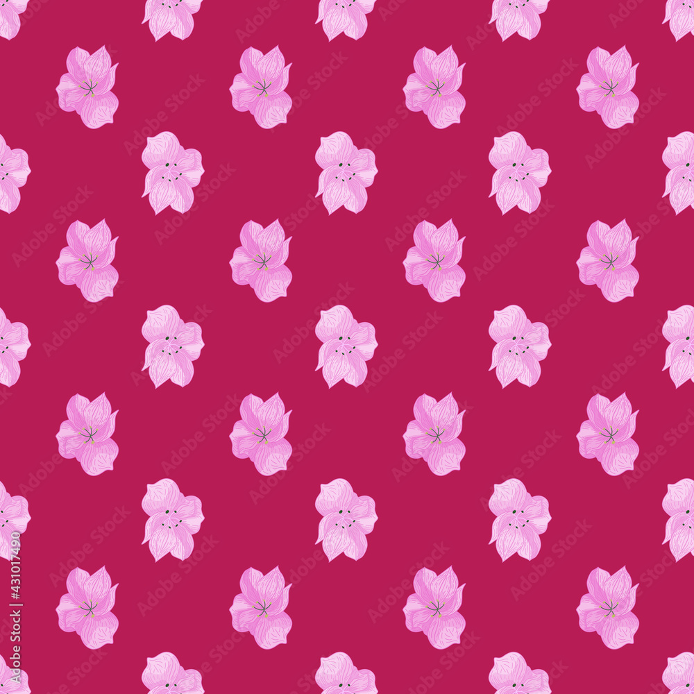 Abstract ditsy seamless pattern with little cute flower silhouettes print. Red background. Simple style.