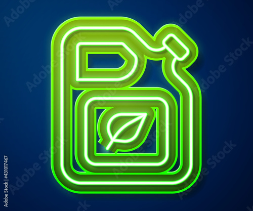 Glowing neon line Bio fuel canister icon isolated on blue background. Eco bio and barrel. Green environment and recycle. Vector
