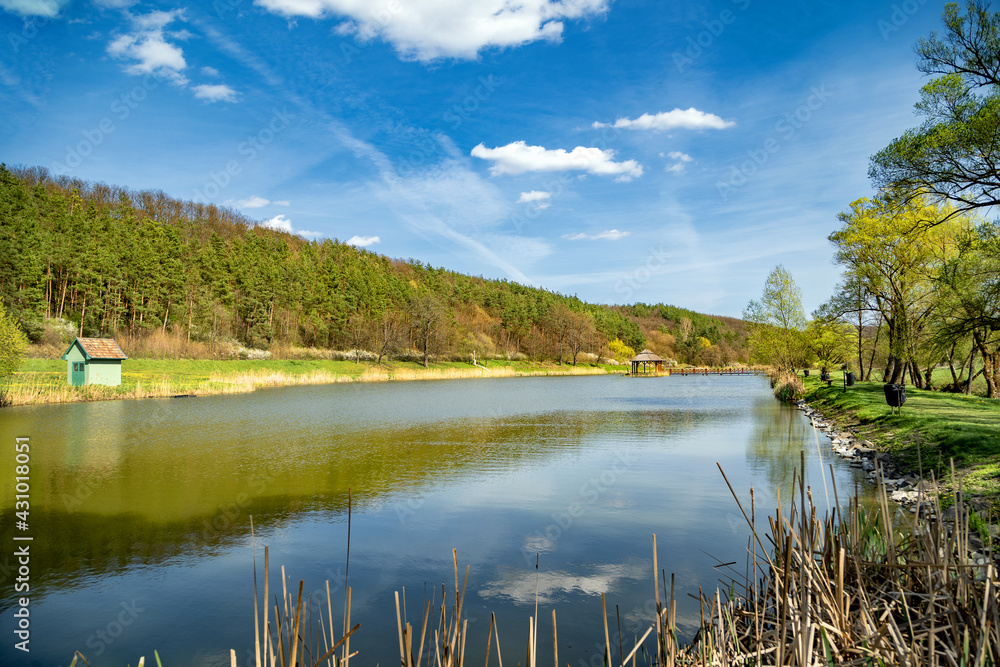 Landscape with lake and forest. Berkenye, Hungary.