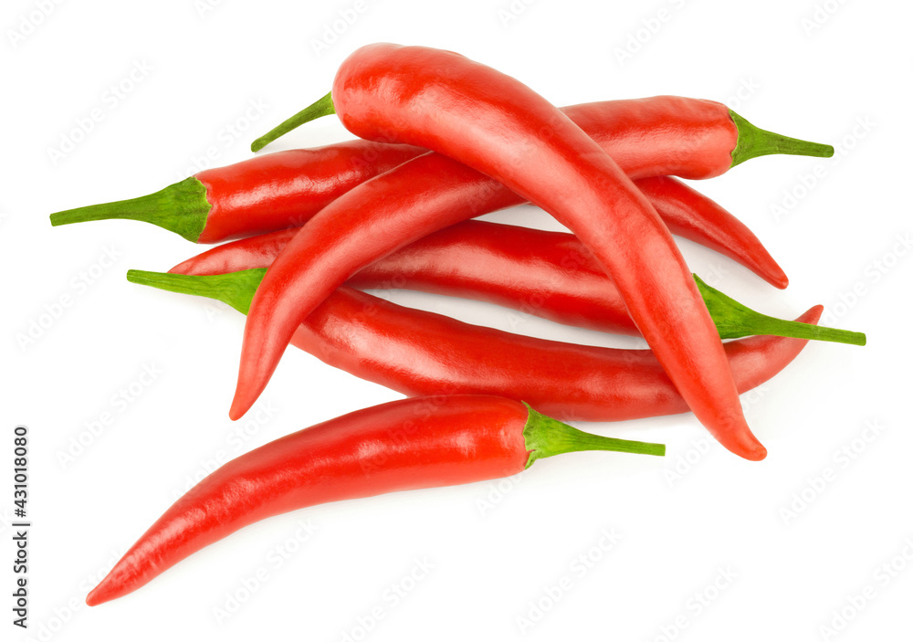 Pods of hot red chili peppers isolated on white background
