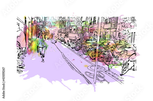 Building view with landmark of Envigado is the 
town in Colombia. Watercolor splash with hand drawn sketch illustration in vector.