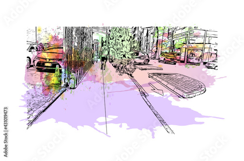 Building view with landmark of Envigado is the 
town in Colombia. Watercolor splash with hand drawn sketch illustration in vector.