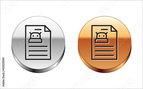 Black line Technical specification icon isolated on white background. Technical support check list, team work solution, project management, software upgrade. Silver-gold circle button. Vector