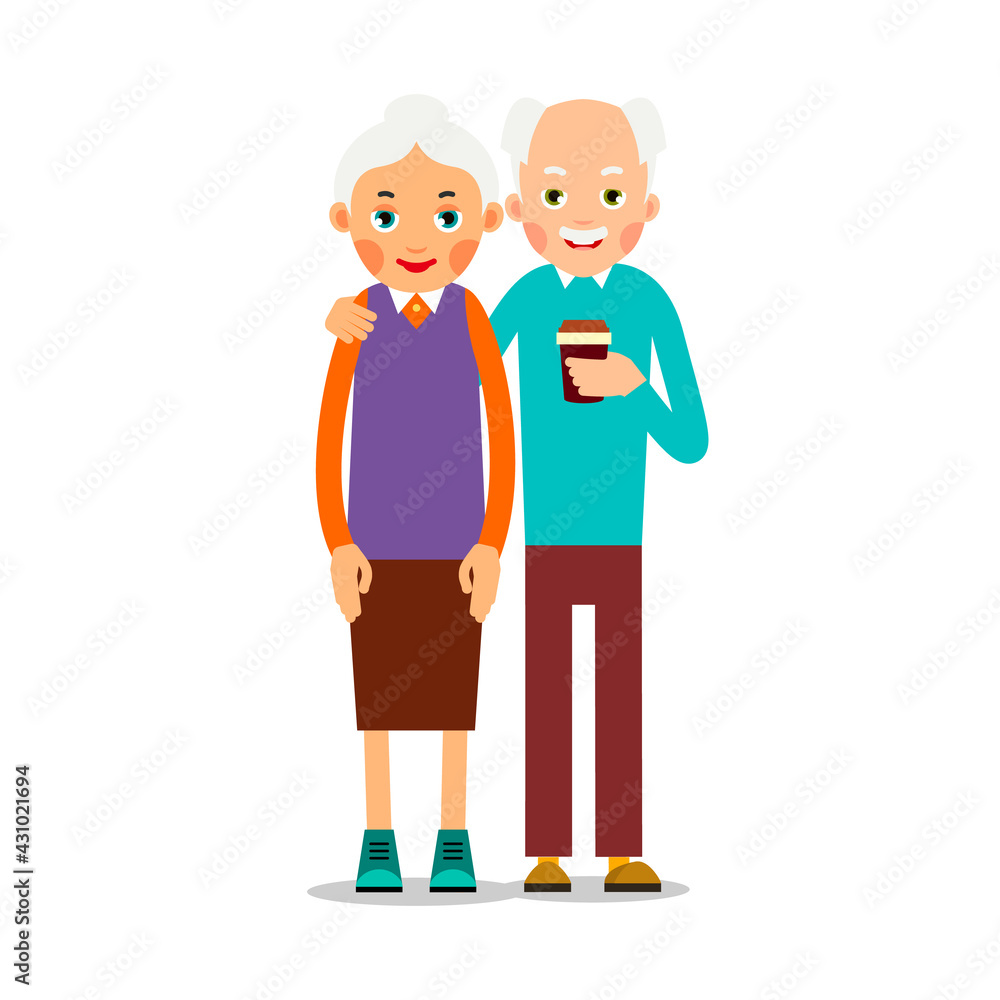 Couple older people. Two aged people stand. Elderly man and woman stand together. A husband drinks coffee and hugs a wife. Illustration isolated on white background in flat style