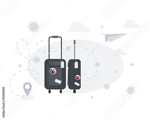 Tourist baggage. Airport. Pandemic travel warning poster. Unblock tourism, business. Vector.