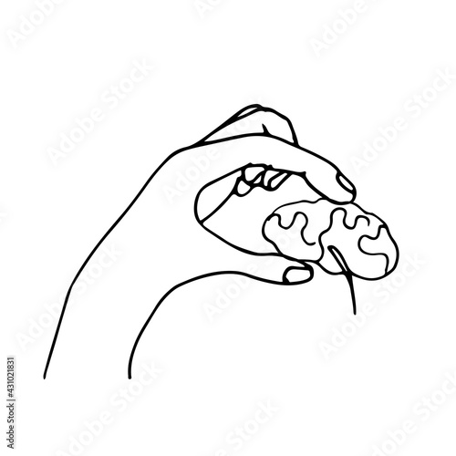 The hand holds the human brain and looks like an ominous snake. Doodle style concept of manipulation, mental violence, total control, gaslighting, mental disorder.