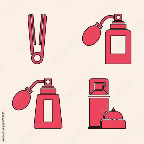 Set Shaving gel foam, Curling iron for hair, Aftershave bottle with atomizer and Aftershave bottle with atomizer icon. Vector