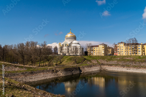 Russia. April 28, 2021. Spring view of the St. Nicholas Naval Cathedral in Kronstadt.