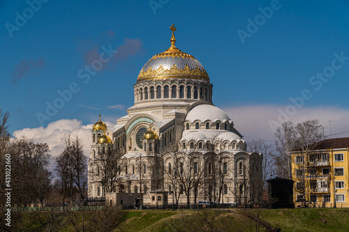 Russia. April 28, 2021. Spring view of the St. Nicholas Naval Cathedral in Kronstadt. © yurisuslov