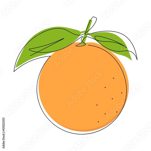Continuous single line drawing of citrus fruit with orange color. One line drawing of a whole orange fruit. Abstract minimalistic style. Continuous line citrus fruit. Isolated vector illustration.