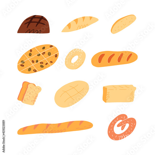 Cute hand-drawn set of various traditional French, Italian and others bread sorts. Cartoon vector isolated illustration.
