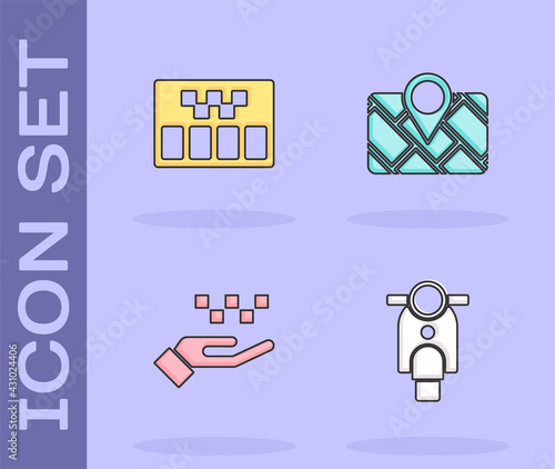 Set Scooter, Taximeter, Hand with taxi and Gps device map icon. Vector