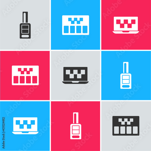 Set Car key with remote, Taximeter and Laptop call taxi service icon. Vector