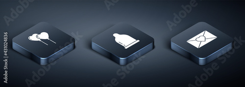 Set Isometric Balloons in form of heart, Envelope with Valentine and Condom icon. Vector