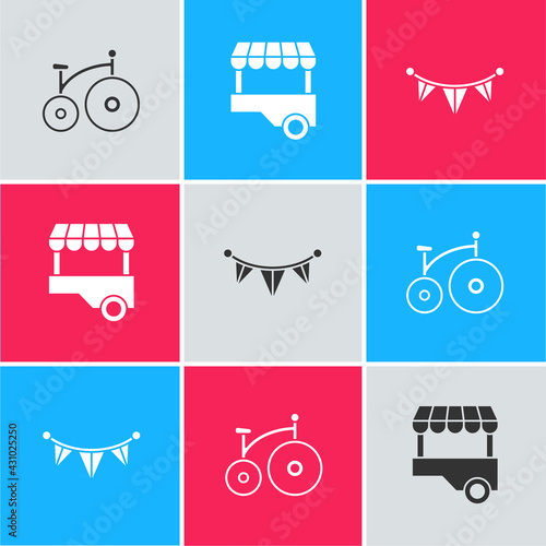 Set Vintage bicycle, Fast street food cart and Carnival garland with flags icon. Vector