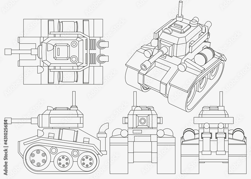 A set of drawings of the tank. Isolated on white background. Vector illustration.