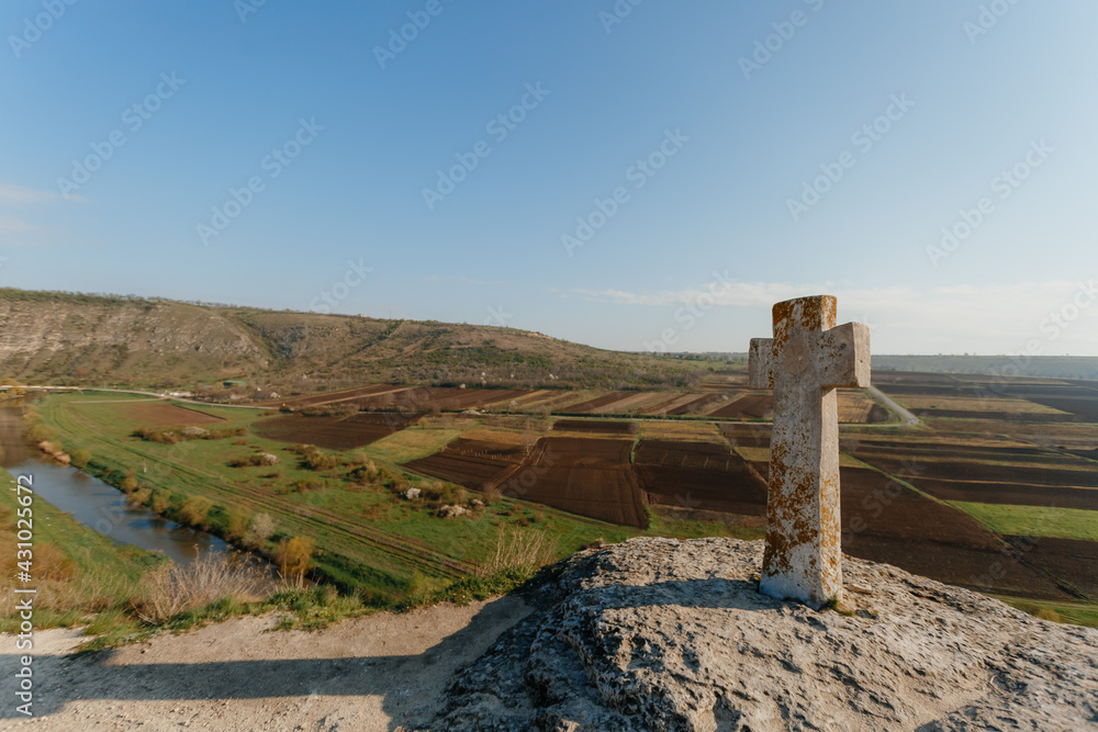 beautiful landscape. The cross of the Old Orhei. Moldova. High quality photo