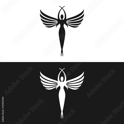 women fly angel logo, award, and wings with silhouette style, fairy icon to logo beauty