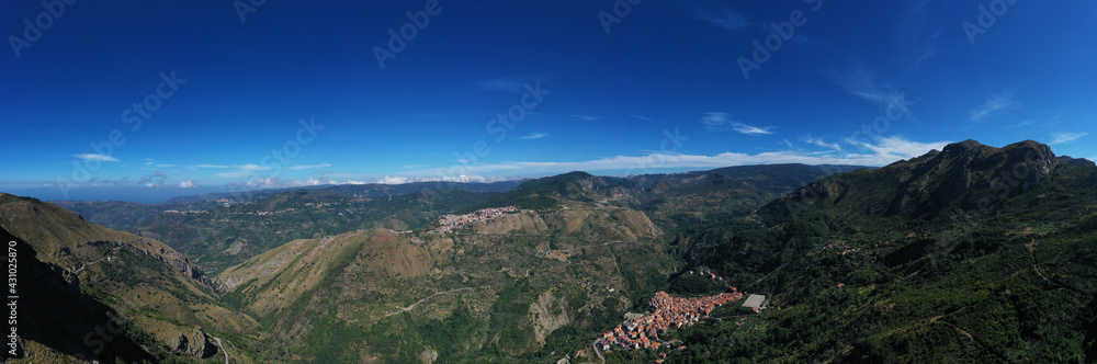 180 degrees virtual reality panorama of the Rocche del Crasto, a mountainous and rocky complex where golden eagle nests, Nebrodi, Sicily, Italy.