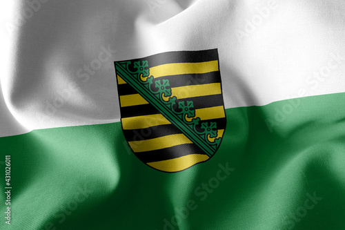 3D illustration flag of Saxony is a region of Germany. Waving on