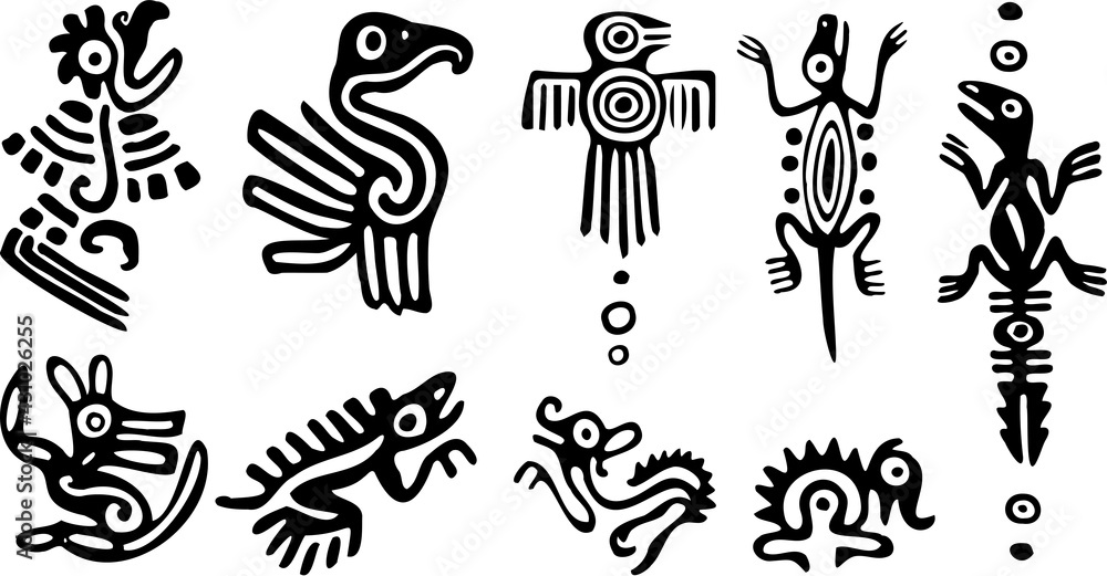 Design und Tier-Motive von Inka, Maya, Azteken aus Südamerika - obrazy, fototapety, plakaty 