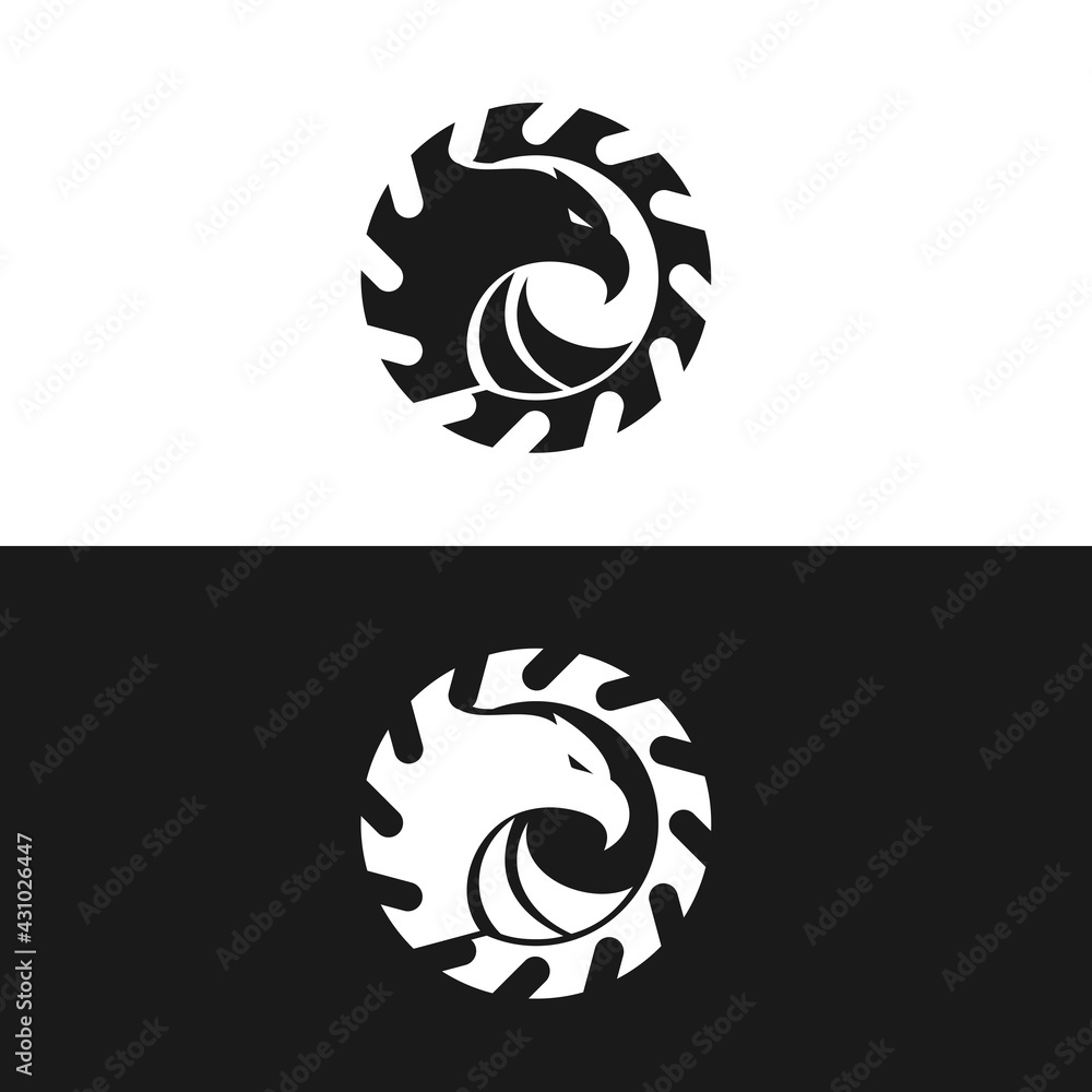 Logo design template with eagle head and saw blade. Wood working industry. Vector illustration. Logo design template with eagle head and saw blade. Wood working industry. Vector illustration.