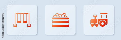 Set Pool with balls, Double swing and Toy train. White square button. Vector