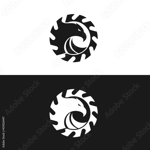 Logo design template with eagle head and saw blade. Wood working industry. Vector illustration.