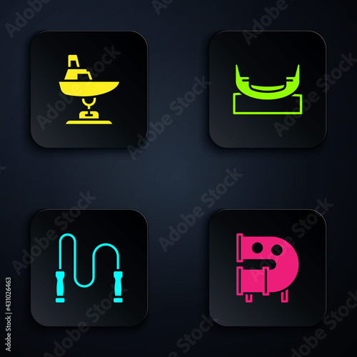 Set Kid playground slide pipe, Swing boat, Jump rope and Boat swing. Black square button. Vector