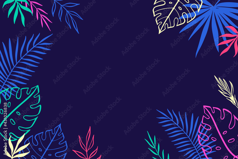 Colorful tropical background. Hand drawn doodles. Vector palm leaves