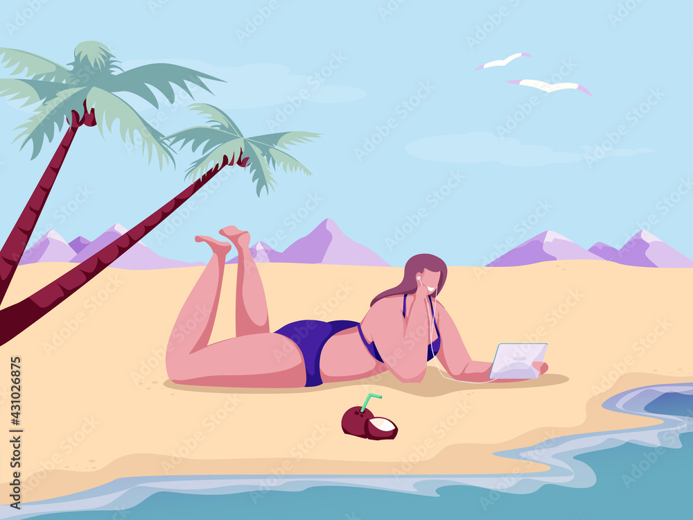 Happy girl holding tablet on beach with palm trees near ocean. Young woman in bikini lying on sand on her front and tanning. Office escape. Side view.Summer vacation. Flat cartoon vector illustration.