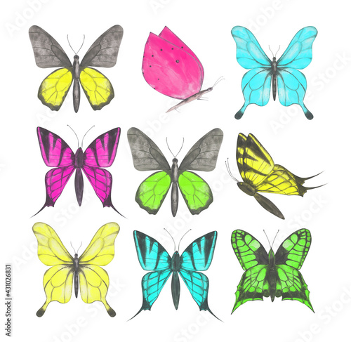 Set of 9 colorful butterflies clipart. Colorful collection of watercolor butterflies isolated on a white background. Hand-drawn exotic insect for your design. Colorful logo or tattoo design.