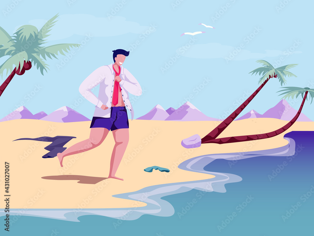 Happy man escaped from office work and running to sea taking off suit. Summer beach vacation. Freedom. Freelance. Burnout. Flat cartoon vector illustration.
