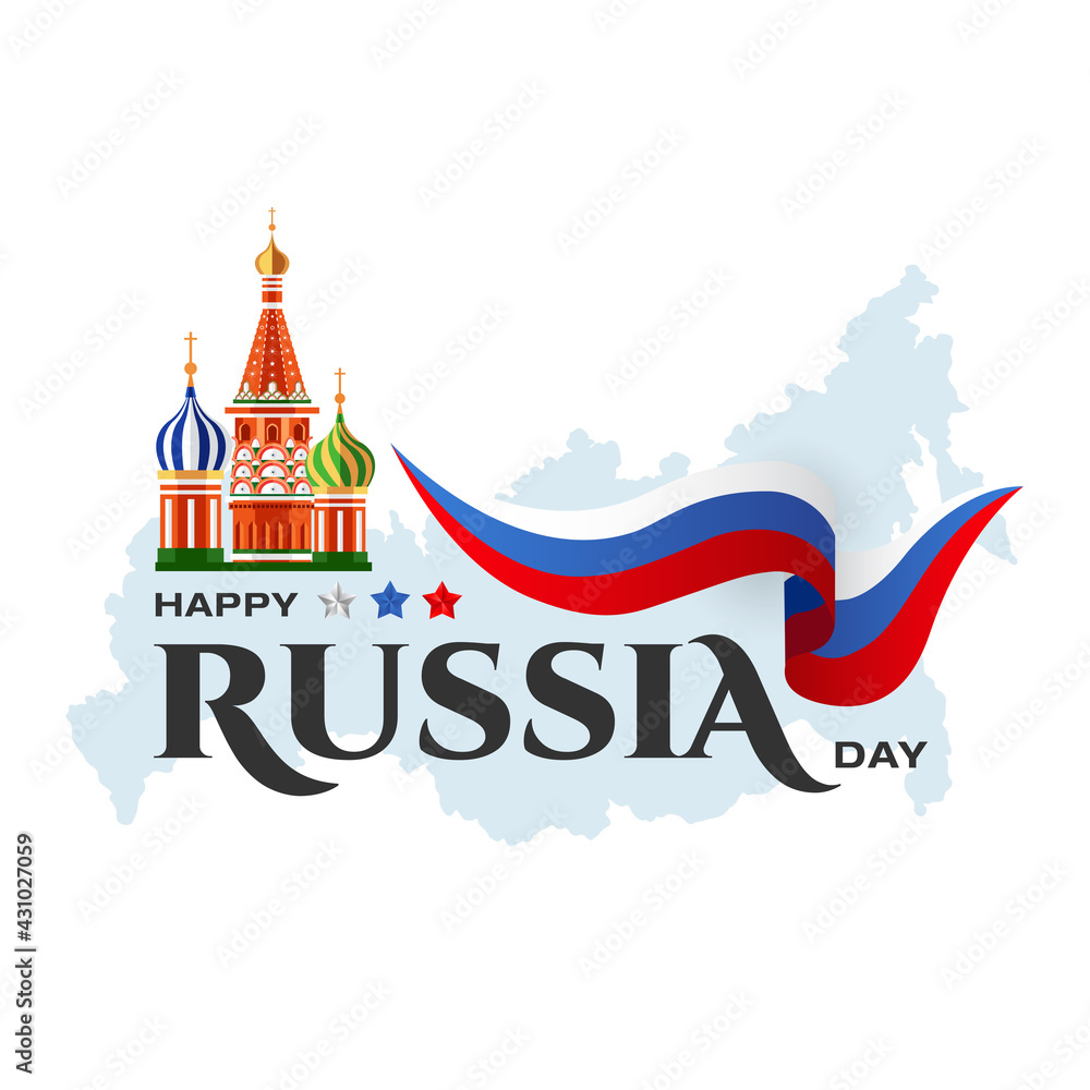 Fototapeta premium Happy Russia Independence Day Holiday Background with saint basils cathedral & Flag