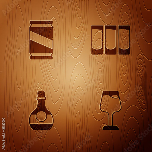 Set Wine glass, Beer can, Bottle of cognac or brandy and Shot on wooden background. Vector