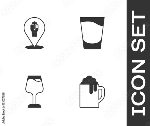 Set Wooden beer mug, Alcohol or bar location, Wine glass and Shot icon. Vector