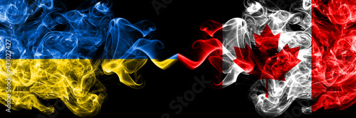 Ukraine  Ukrainian vs Canada  Canadian smoky mystic flags placed side by side. Thick colored silky abstract smokes flags.