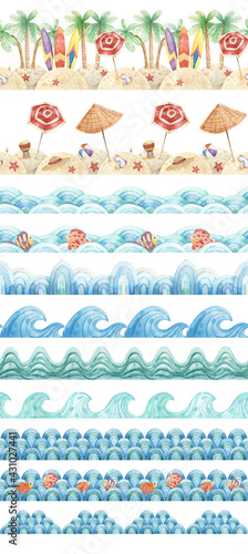 Set of seamless borders with sea waves, coast, fishes. Summer tape on the marine theme. Hand drawn watercolor banners for fabrics, textiles, stickers, designs, scrapbooking and decoration.