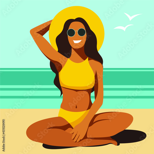 vector flat design trendy illustration on the theme of summer holidays. tanned young smiling girl in yellow swimsuit, sunglasses and hat sits in lotus position on the beach by the sea or ocean