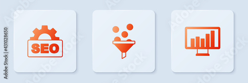 Set Lead management, SEO optimization and Monitor with graph chart. White square button. Vector